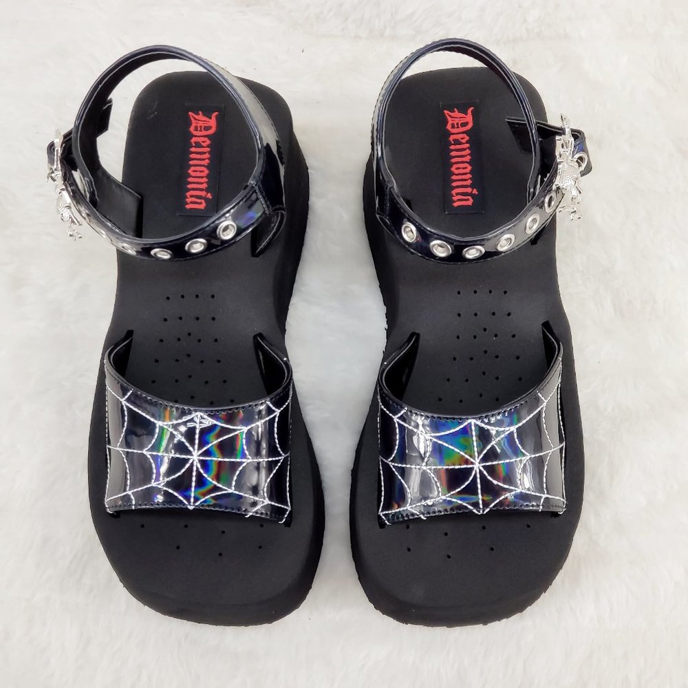 Platform Goth Sandals Black Hologram Web Toe Strap With Spider Buckle Resto…